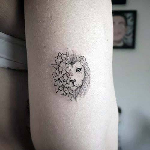 Cute Small Lion And Floral Tattoo Women Upper Arms