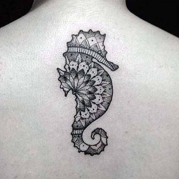 Cute Small Sea Horse Tattoo Womens Back