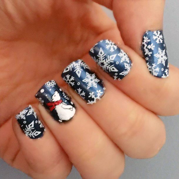 Cute Snow Man And White Snow Flakes On Nails Women