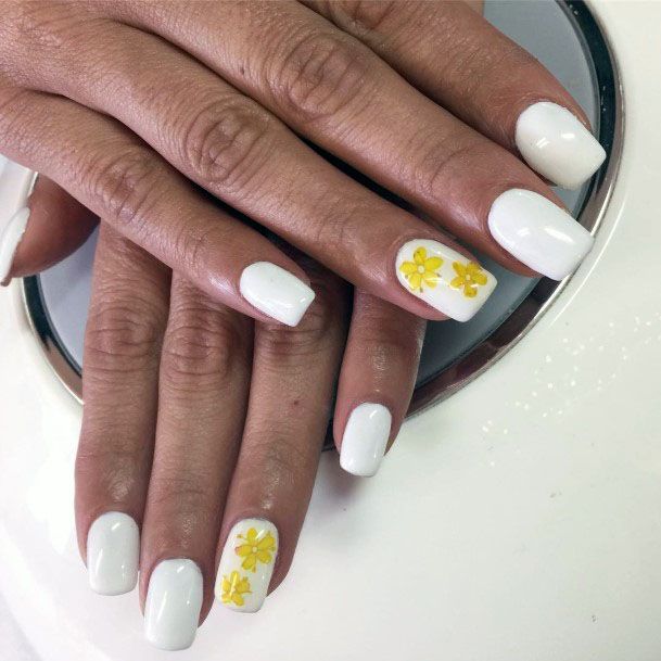 Cute Squared White Nails Yellow Flowers Design Inspiration For Girls