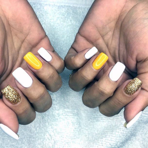 Cute Squared Yellow White And Sparkling Gold Nail Ideas For Women