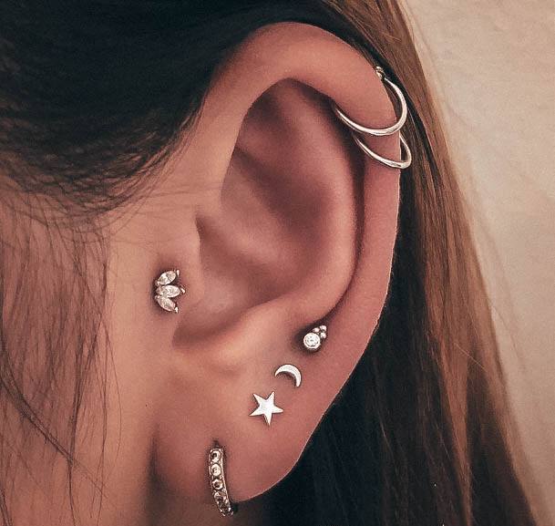 Cute Stylish Star Moon Diamond Constellation Piercing Inspiration For Women