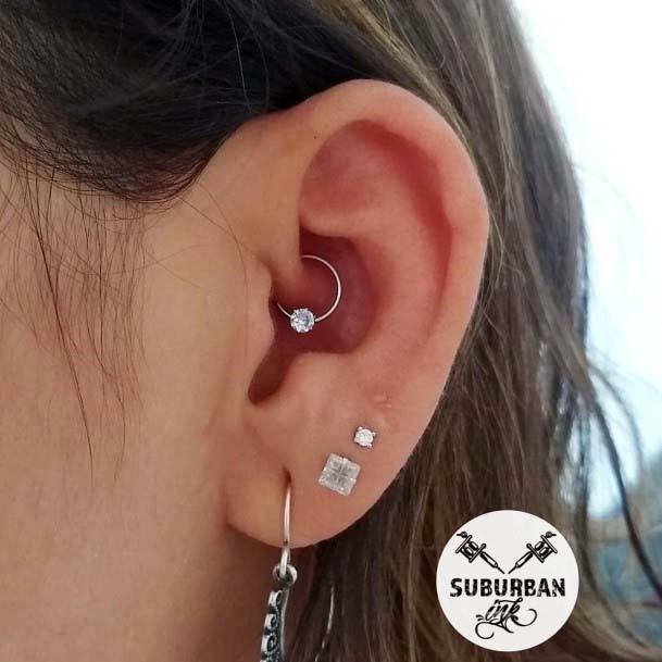 Cute Stylish Triple Lobe Bright Diamond Silver Hoop Body Piercings For Girls