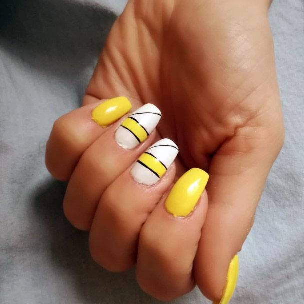 Cute Stylish Yellow White And Black Fancy Design For Womens Nails