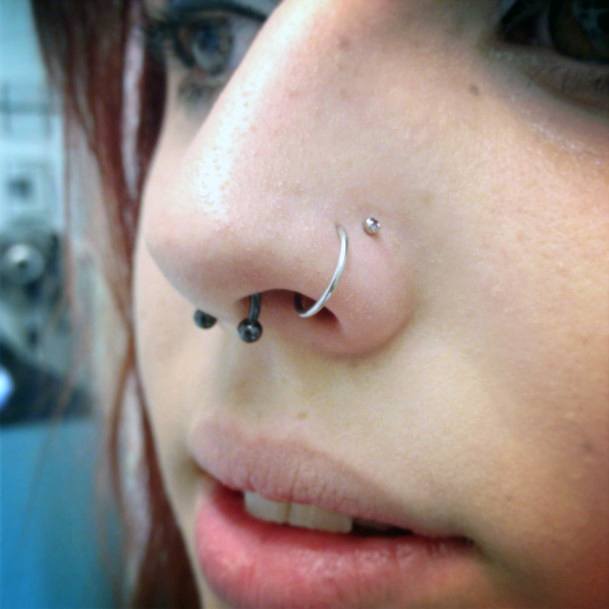 Cute Stylishdouble Nostril Hoop Stud And Black Septum Nose Piercing Ideas For Girls