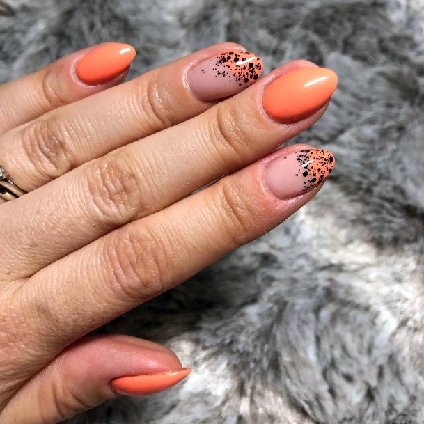 Cute Summer Orange And Black Splash Nail Art For Girls