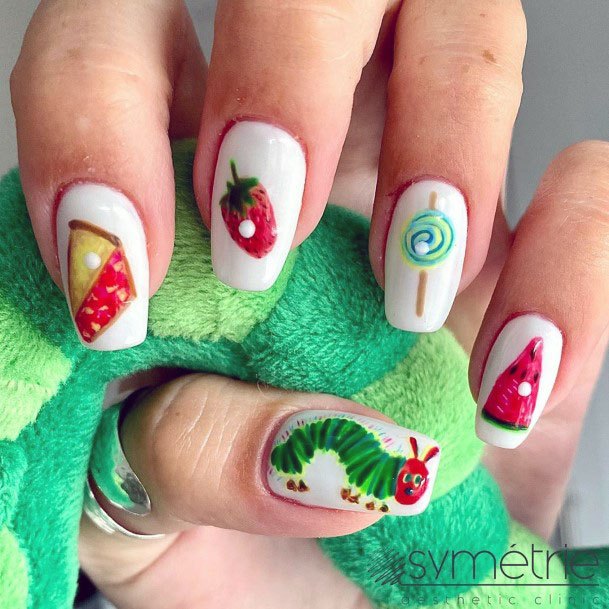 Cute Sweet Caterpillar Cake Lollipop Watermelon Strawberry Nail Design For Girls