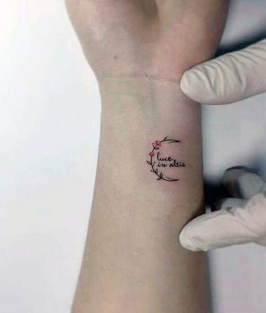 Cute Tiny Floral Tattoo With Fonts Women