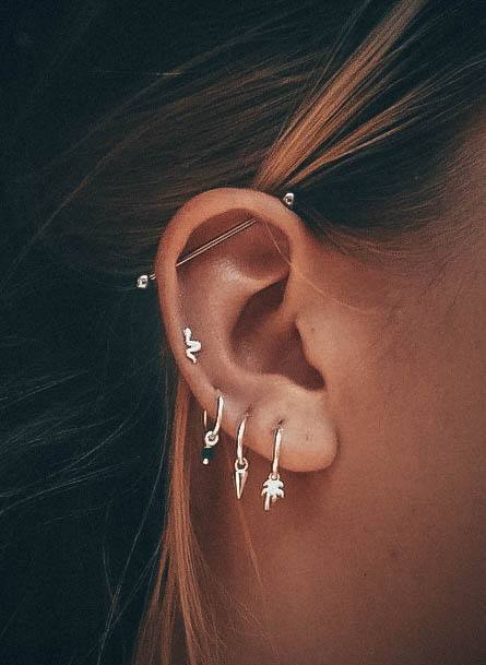 Cute Trendy Dangling Triple Ear Lobe Helix And Silver Industrial Bar Piercing Ideas For Women