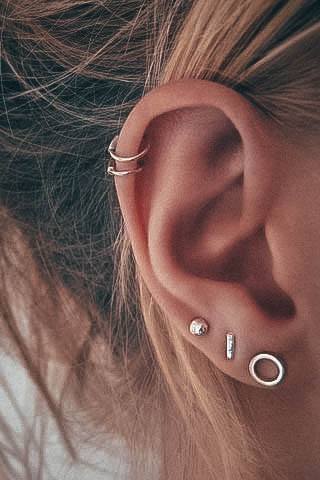 Cute Trendy Double Gold Helix Triple Lobe Ear Piercing Ideas For Women