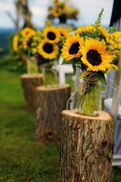 Cute Trendy Log Stump Mason Jar Sunflower Row Decoration Wedding Ideas