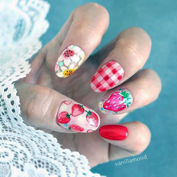 Cute Trendy Pink Red And White Strawberry Checkered Flannel Nail Design For Ladies