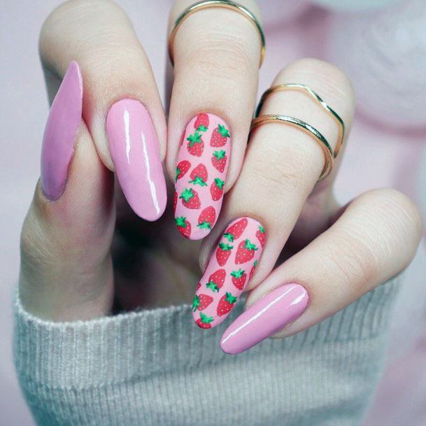 Cute Trendy Pink Strawberry Nail Design For Girls