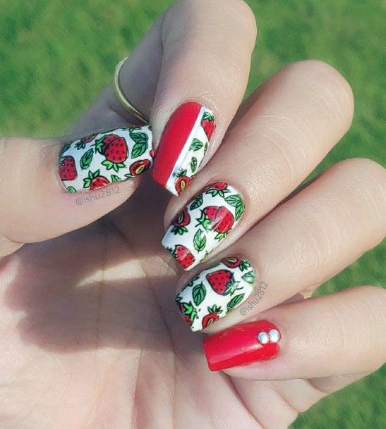 Cute Trendy Red And White Strawberry Nail Art For Ladies