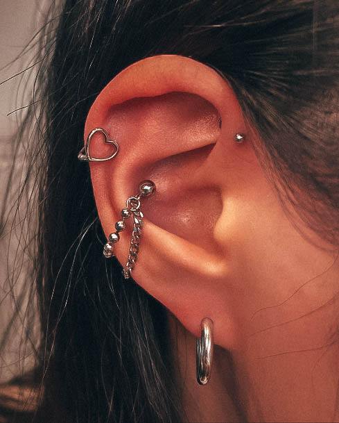 Cute Trendy Silver Chain Heart Polished Hoop Cartilage Ear Piercing Design For Women