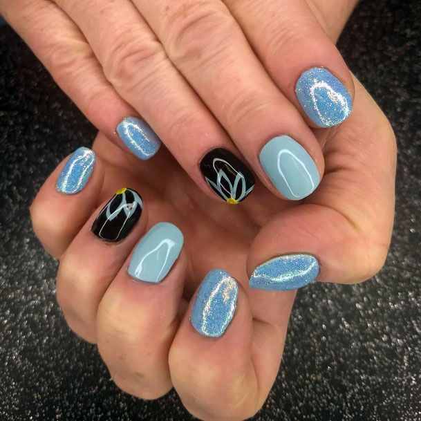 Cute Trendy Sleek Floral Blue Black Glittery Nail Idea Forgirls