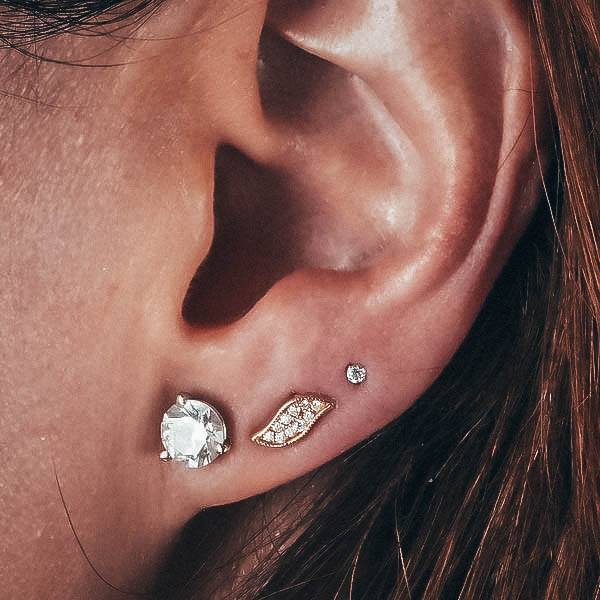 Cute Triple Ear Lobe Piercing Shiny Large Diamond Gold Leaf With Multiple Diamond Ideas For Girls