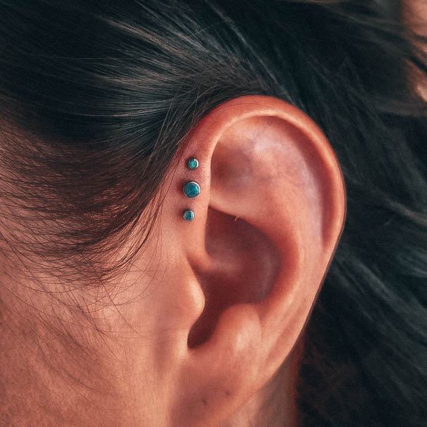 Cute Turquoise Triple Forward Helix Ear Piercing Design For Girls