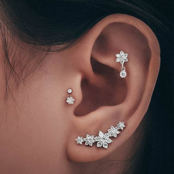 Cute Unique Floral Design Double Tragus Dangling Flat And Exquisite Ear Lobe Piercing Ideas For Women