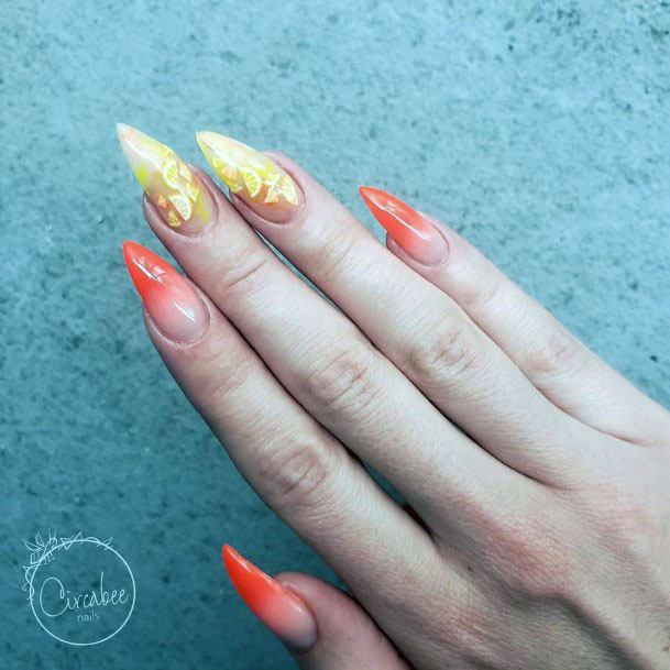 Cute Vibrant Stiletto Yellow Neon Orange Citrus Gel Nails For Girls