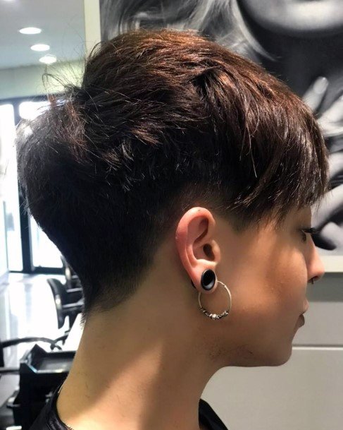 Cute Voluminous Dark Brown Highlighted Shaved Pixie Cut Hairstyles For Girls