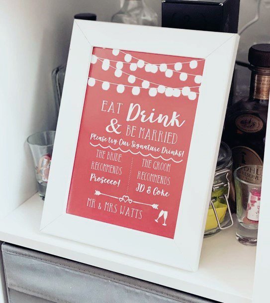 Cute Wedding Sign Ideas Blush Pink Sleek White Frame Food And Drink Menu