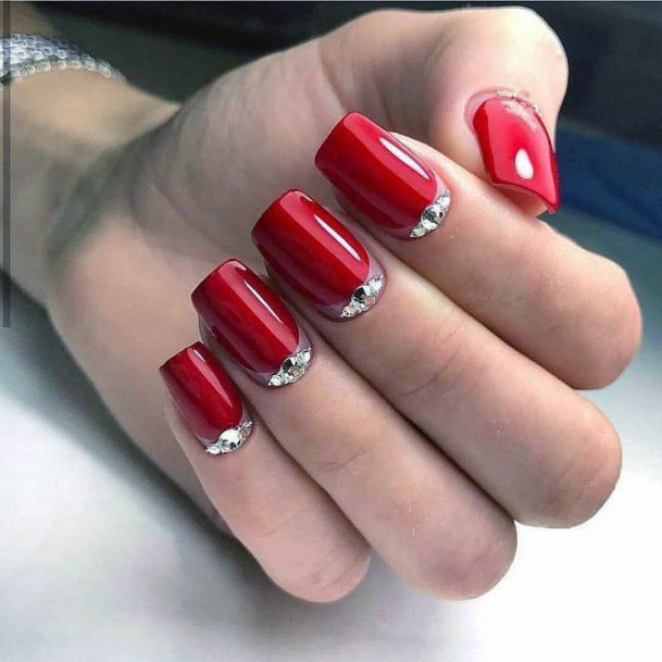 Cuticle Crystal And Bright Red Nails For Women