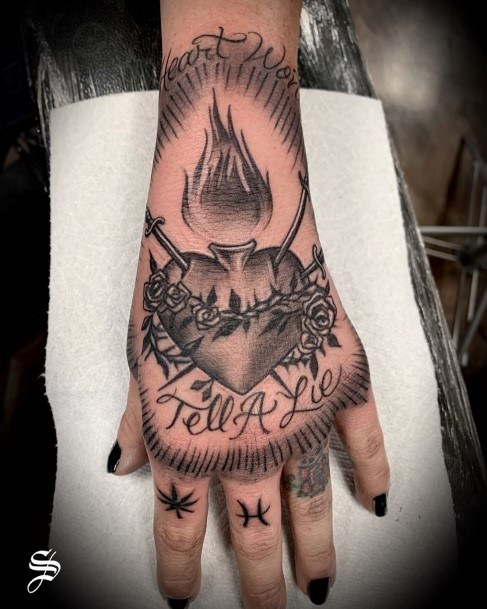 Dagger In Heart Tattoo Womens Hands