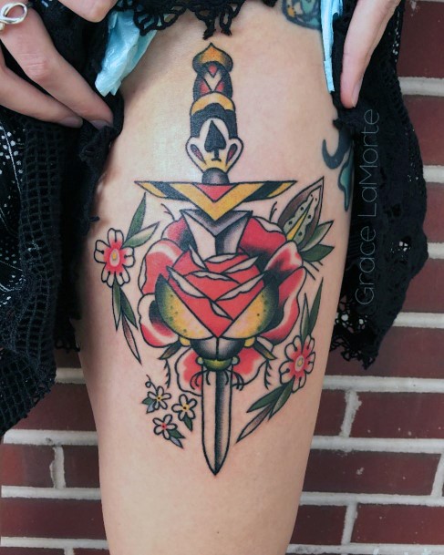 Dagger Rose Tattoo For Ladies