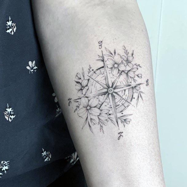 Dainty Blossoms And Compass Tattoo Women Forearm