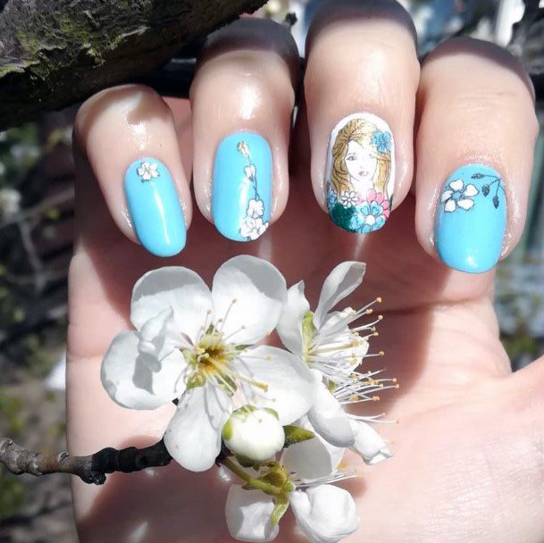 Dainty Blue Nails With Pretty Lady Image And Florals Women