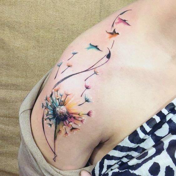 Dandelion Colored Tattoo Womens Shoulder
