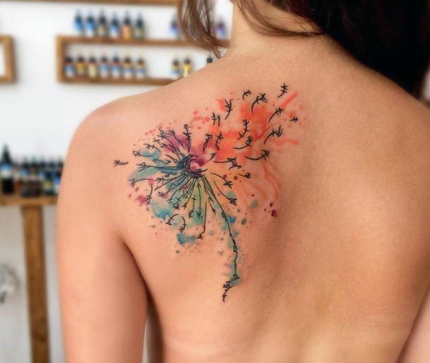 Dandelion Watercolor Tattoo Womens Back