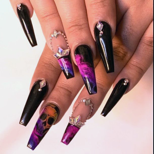 Dappled Purple And Black Long Nails Women