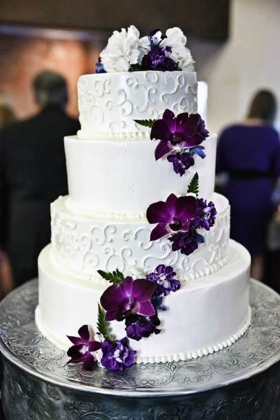 Dark Amethyst Flowers Wedding Cake White
