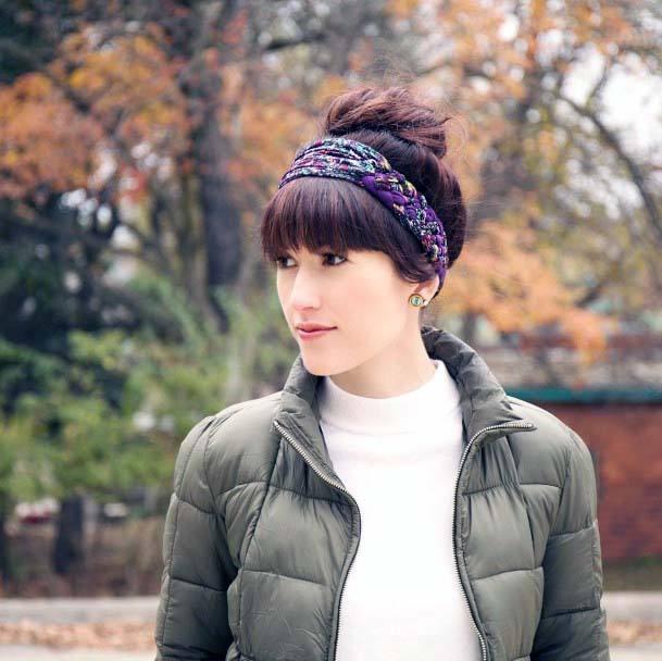 Dark Auburn Hair With High Thick Bun And Bangs