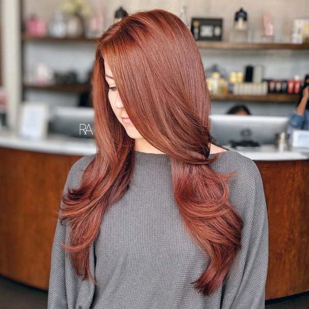 Dark Auburn Mid Back Length Hair With Side Part Shiny Straight