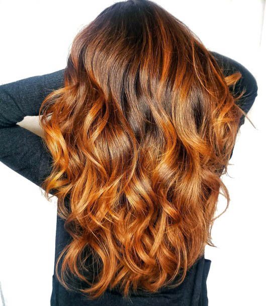 Dark Auburn To Light Auburn Ombre With Shiny Waves Throughout