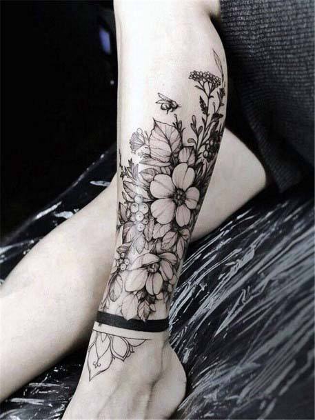 Dark Band And Florals Tattoo Womens Ankles