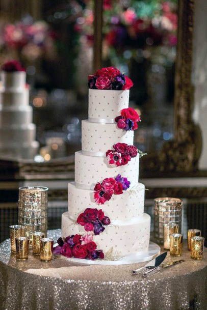 Dark Berry Red Wedding Flowers On White Cake