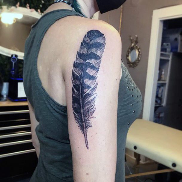 Dark Black And Grey Shaded Feather Tattoo For Women Arms