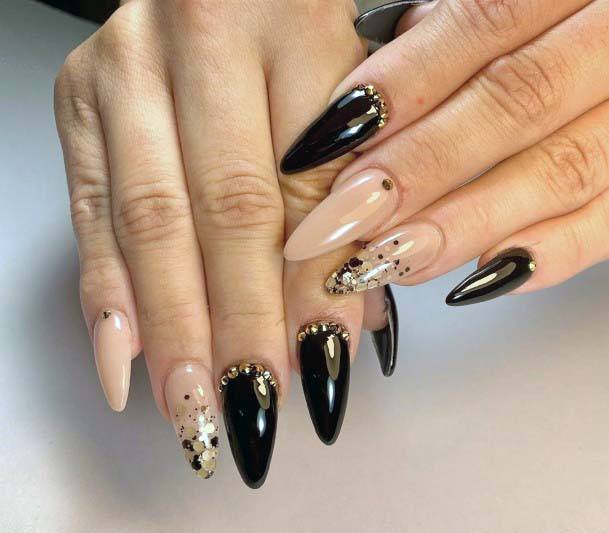 Dark Black Beautiful Nails With Rhinestones Ideas For Women