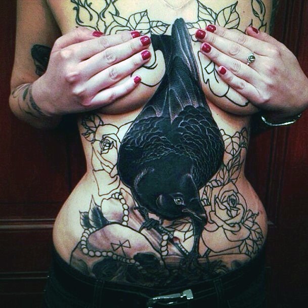 Dark Black Bird Tattoo Womens Stomach
