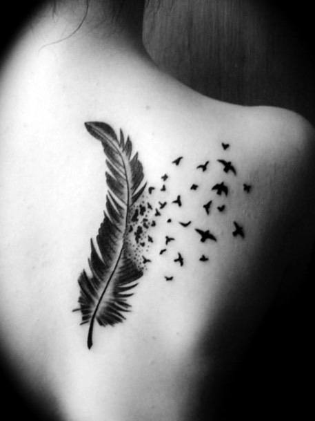 Dark Black Feather And Birds Tattoo Womens Back