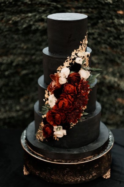 Dark Black Wedding Cake With Red Roses