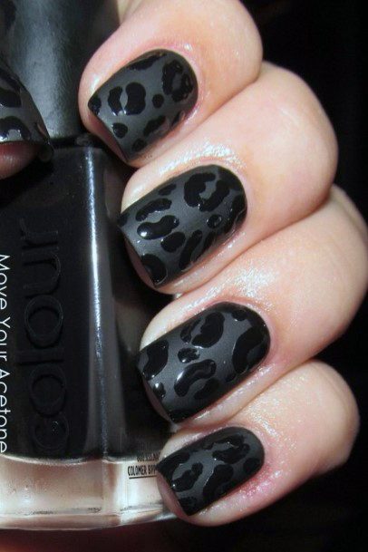 Dark Black Women Nails With Embossed Leopard Print