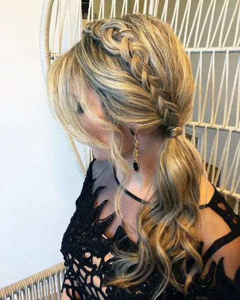 Dark Blonde Thick Single Side Braid Pulled Into Side Pony Hair Wrap