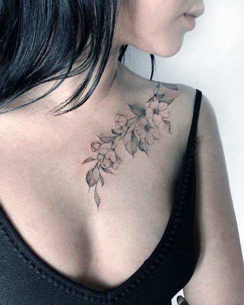 Dark Blossom Womens Tattoo Collarbone