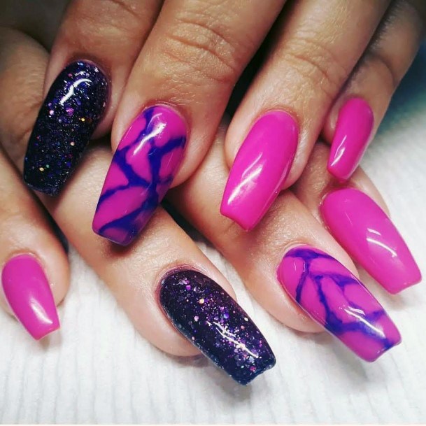 Dark Blue Lightning On Purple Nails For Women