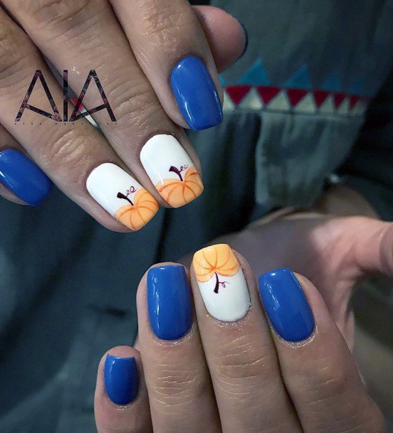 Dark Blue Nails With Pumpkin Accent For Women